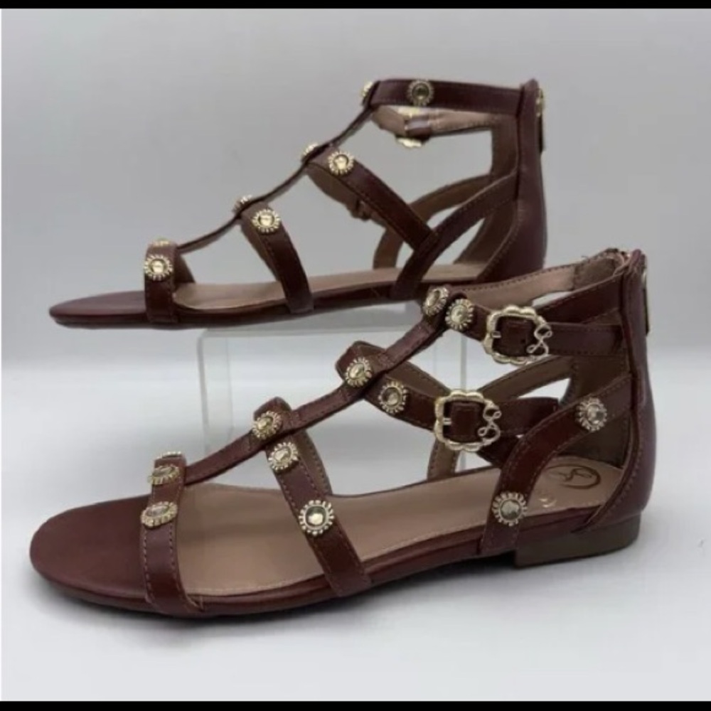 Sam & Libby Rhonda Gladiator Sandals Womans 6 Brown Gold Bling Rinestones Strapy